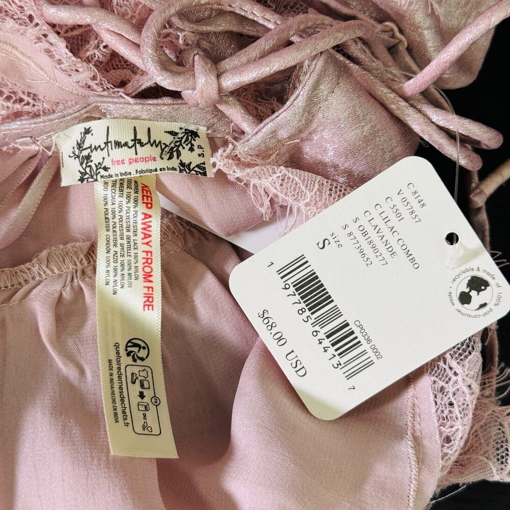 Free People Top Womens Small Shimmer On Cami Satin Lace Blouse Romantic Pink NEW - Picture 3 of 10